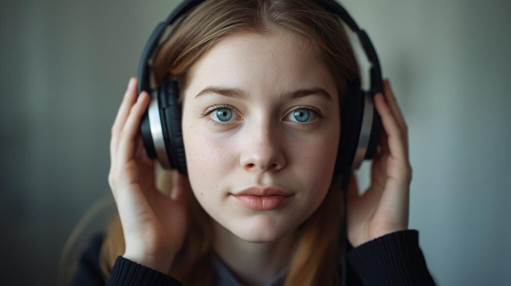 Teenage girl wearing headphones