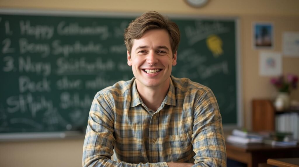 Teacher smiling with blackboard behind him