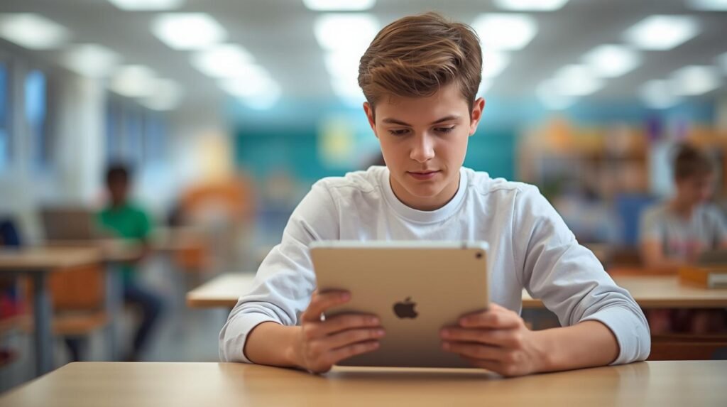 A teenager looking at an ipad in school library