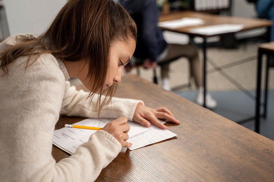 Young girl sitting an exam reading exam paper.